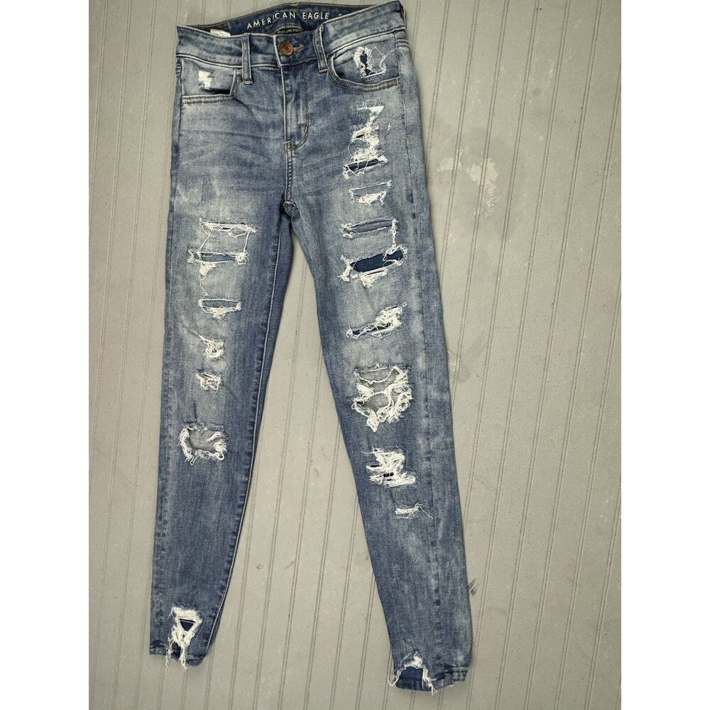 American Eagle Size 0 Womens Jeans High Rise Jegging Stretch Med Wash Distress